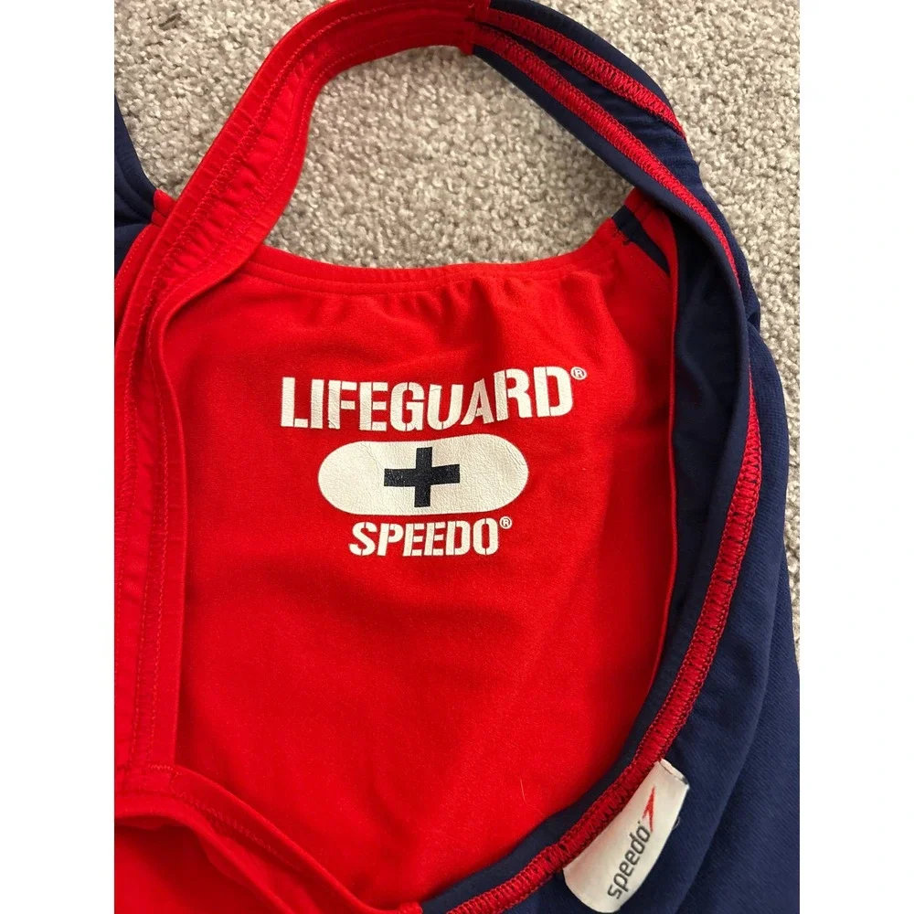 Speedo Lifeguard One Piece Swimsuit Womens 22 Navy Blue Red Excellent Racerback